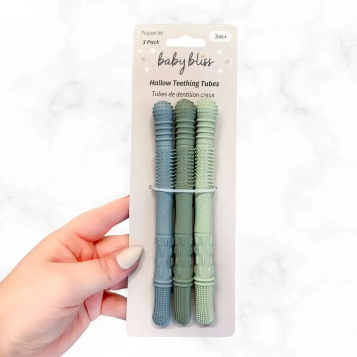 Three baby teething tubes in packaging with &
