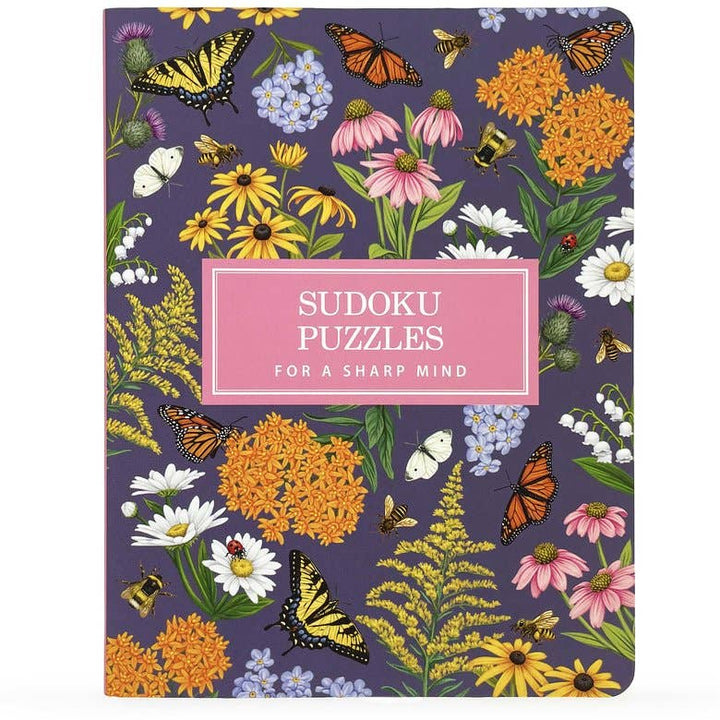 Sudoku puzzles book with floral and butterfly design on a purple background
