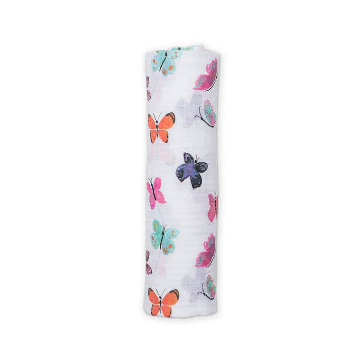 Lulujo Baby muslin swaddle blanket featuring a delicate butterfly pattern in soft, breathable fabric for infants.