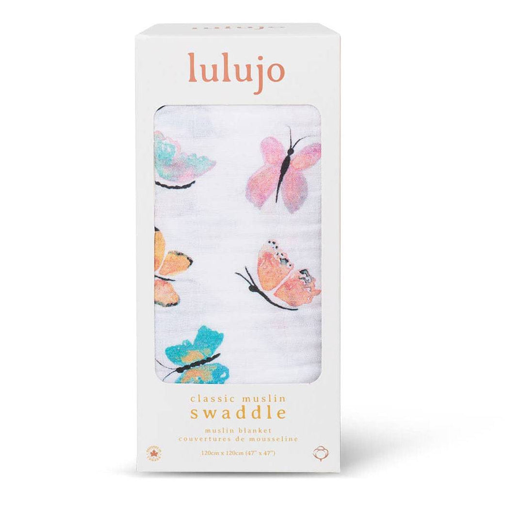 Lulujo butterfly patterned swaddle blanket packaging on a white background