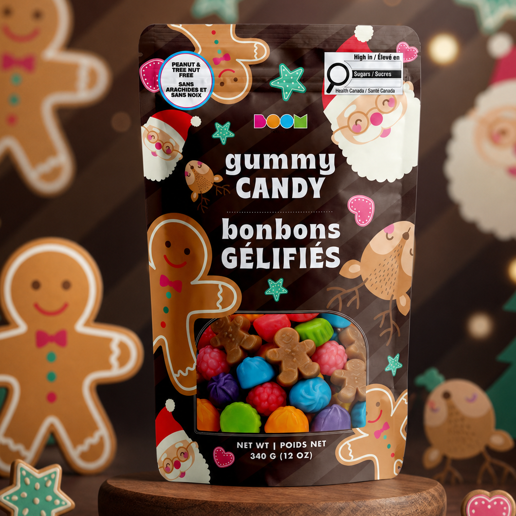 Assorted Boom Candy gummy candies shaped as Santa, gingerbread men, and reindeer in a 340g bag, colorful and festive treats.