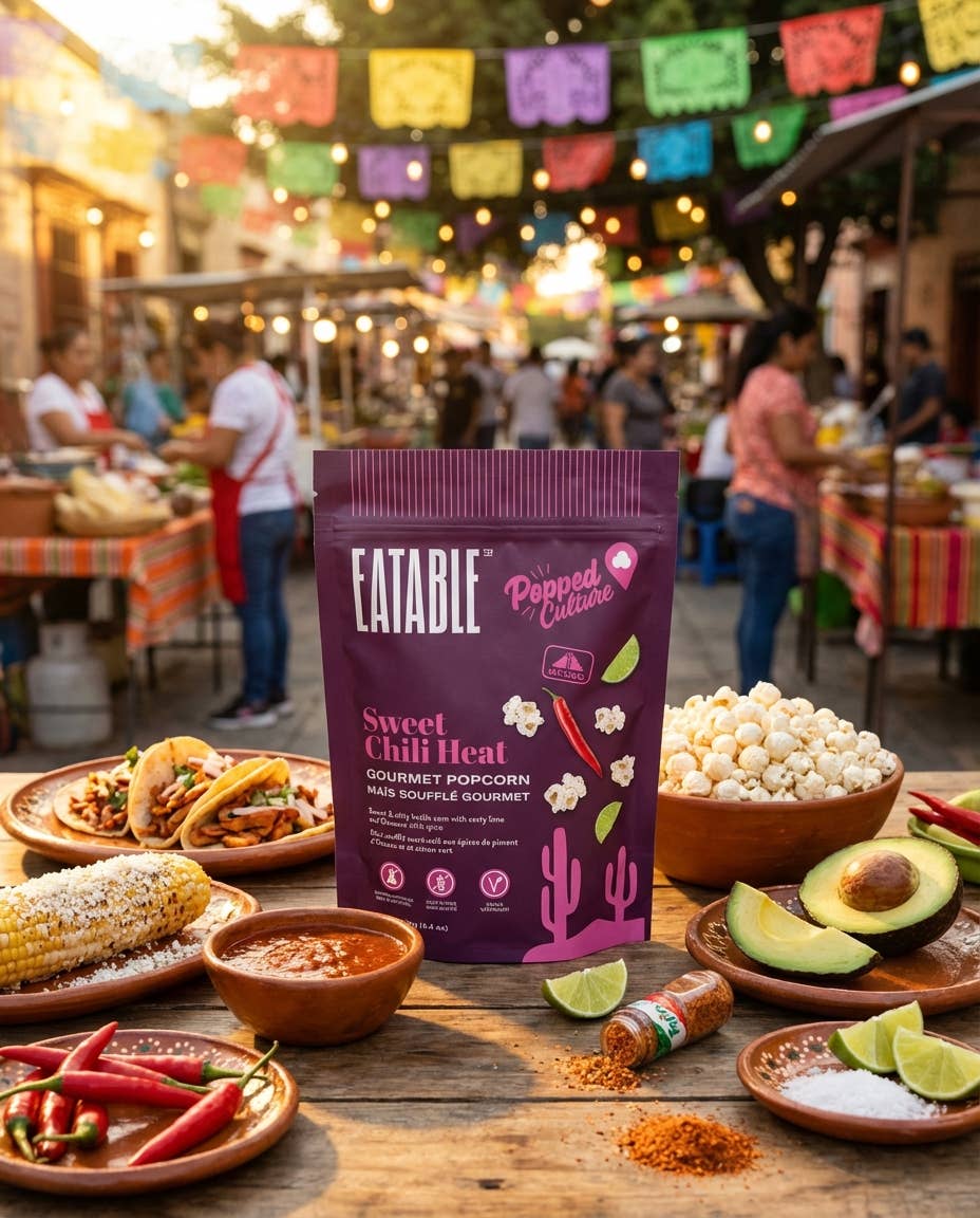 Vegan Sweet Chili Heat Popcorn by EATABLE Popcorn, crispy snack with spicy sweet chili flavor, shown in a bowl