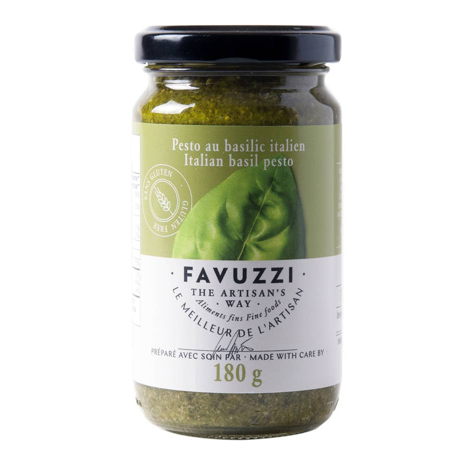 Jar of Favuzzi Italian basil pesto on a white background