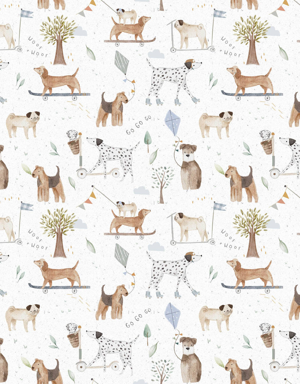 Pattern of dogs and trees on a white background