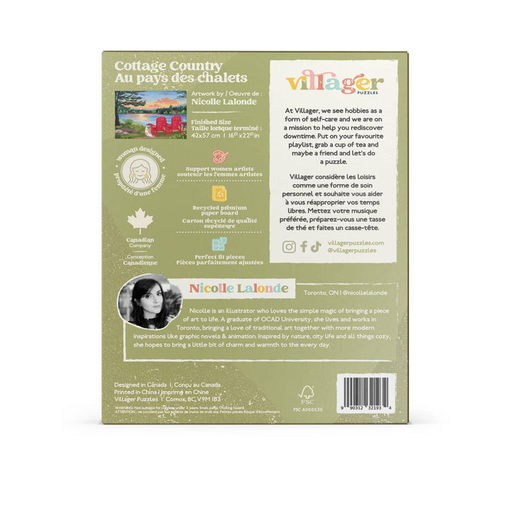 Villager Puzzles Cottage Country 500-piece puzzle featuring scenic countryside imagery, designed in Ontario.