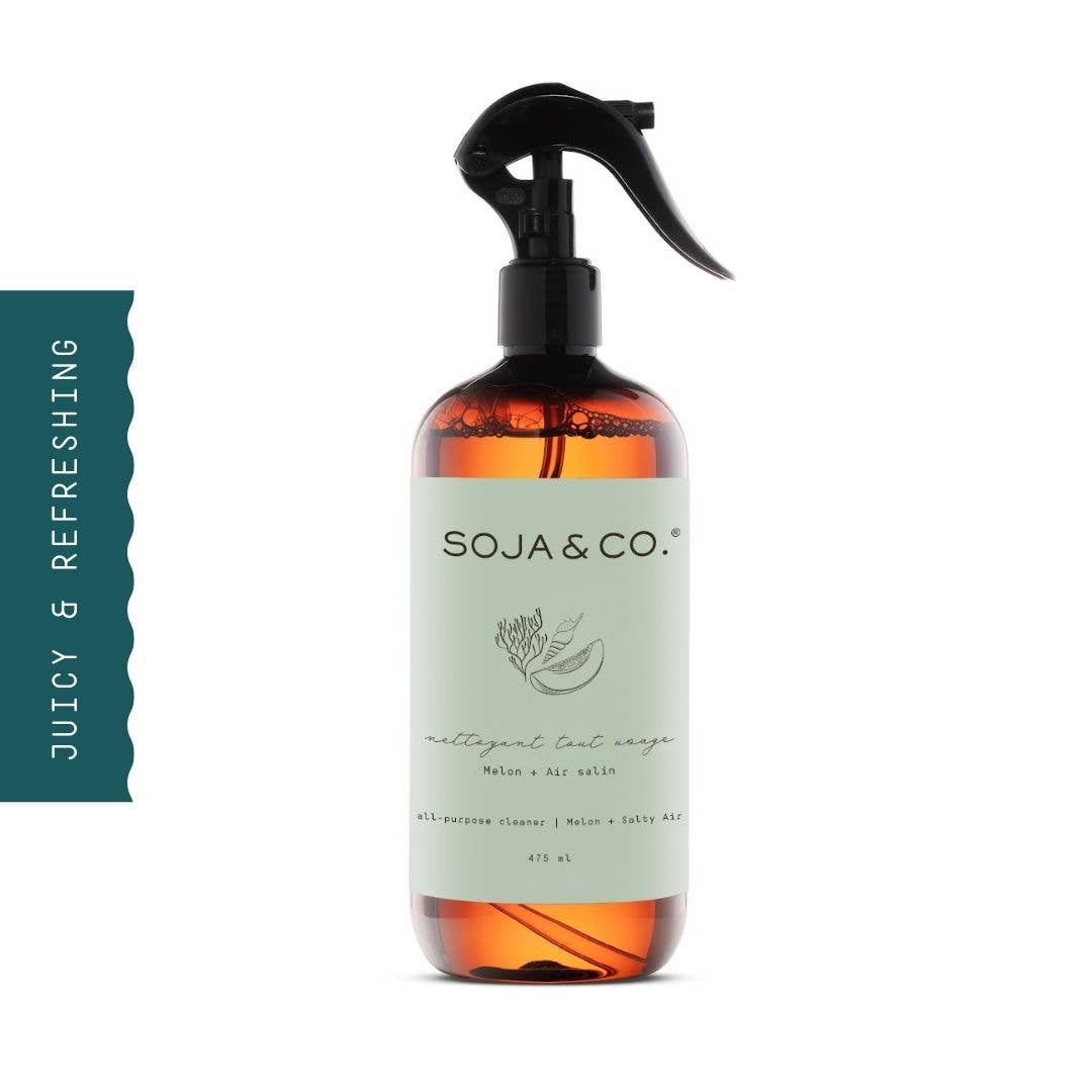 SOJA&CO.® All Purpose Cleaner with Melon and Salty Air scent, showing a spray bottle with a vibrant label and fresh citrus and melon design.