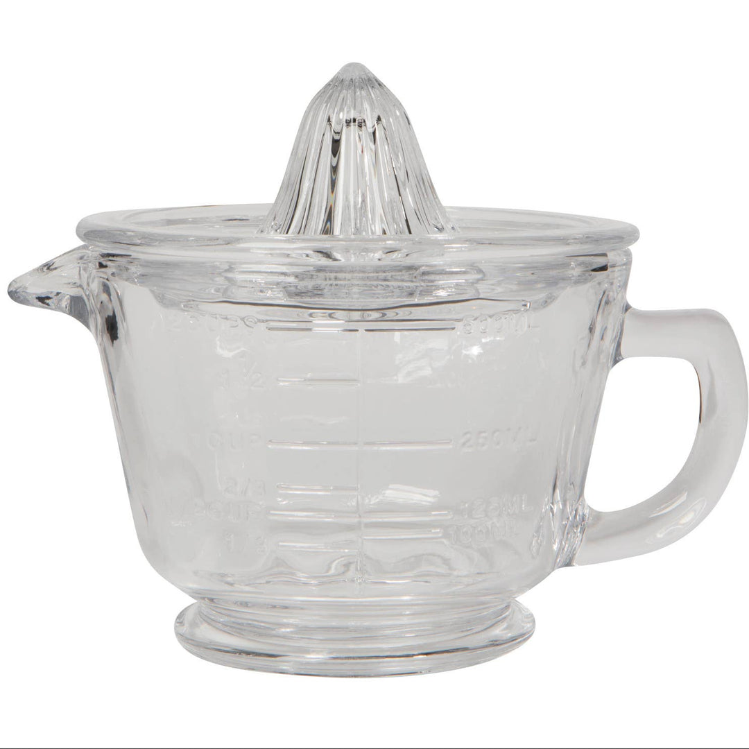 Clear glass citrus juicer on a white background