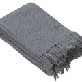 Gray textured throw blanket with fringes on a white background