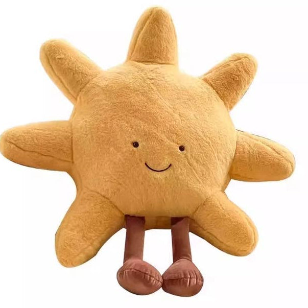 Plush sun-shaped toy with a smiling face on a white background