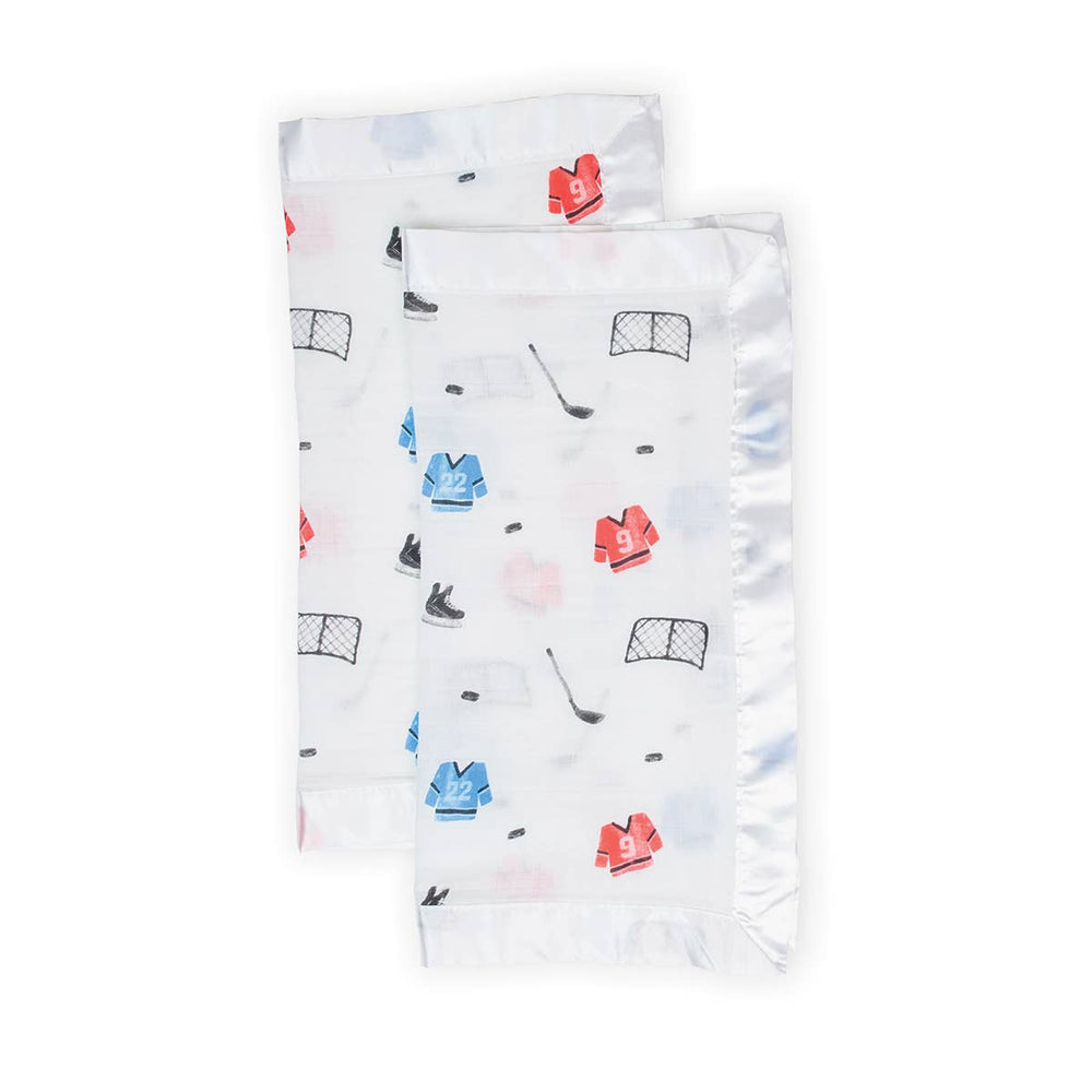 Two Lulujo Baby cotton security blankets in hockey design for infants, soft and cozy for baby comfort.