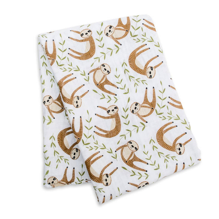 Soft muslin cotton baby swaddle blanket featuring a cute sloth print from Lulujo Baby, ideal for gentle wrapping and comfort.