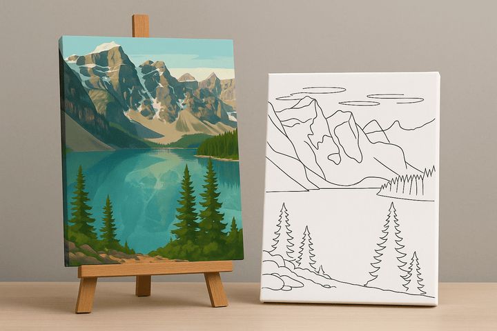 Canvas Kit Moraine Lake paint kit with brushes and paints, designed for creating detailed landscape artwork of Moraine Lake.