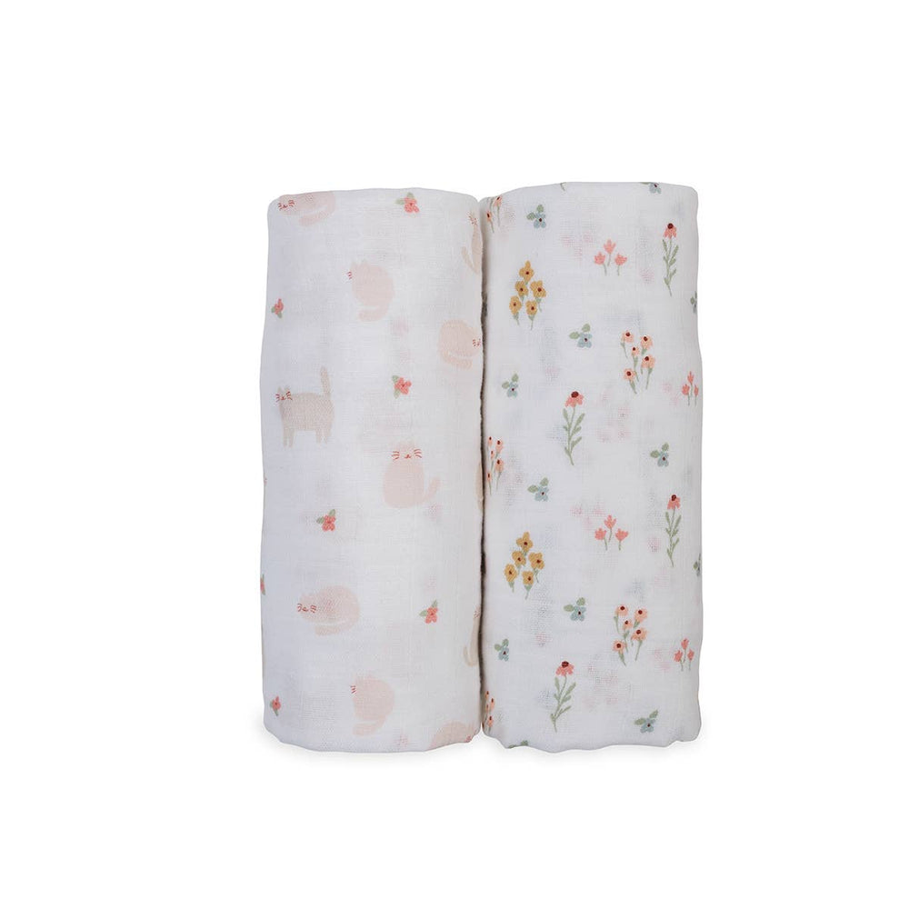2-Pack Cotton Swaddle Blankets – Kitty Cat/ Flower Field - Gift Smack Gift Company