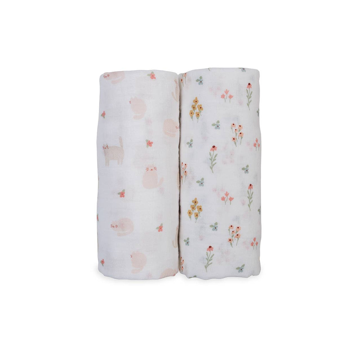 2-Pack Cotton Swaddle Blankets – Kitty Cat/ Flower Field - Gift Smack Gift Company