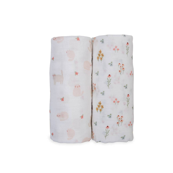 2-Pack Cotton Swaddle Blankets – Kitty Cat/ Flower Field - Gift Smack Gift Company