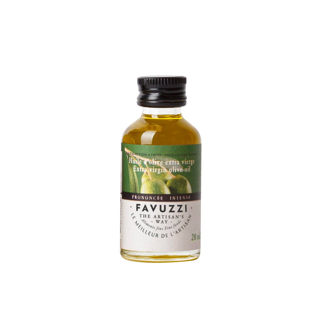 Bottle of Favuzzi olive oil on a white background