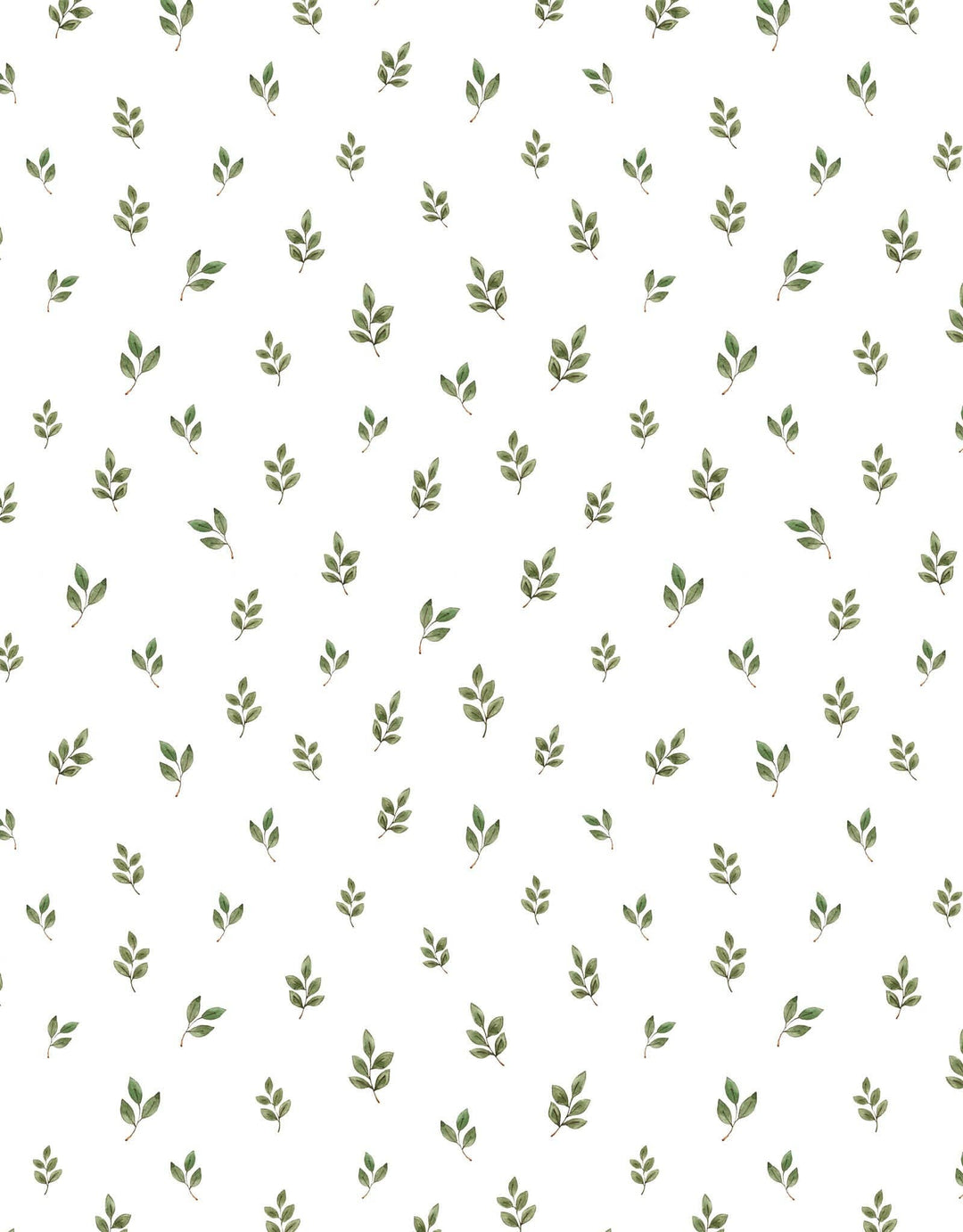 A repeating pattern of small green leafy sprigs scattered across a plain white background.