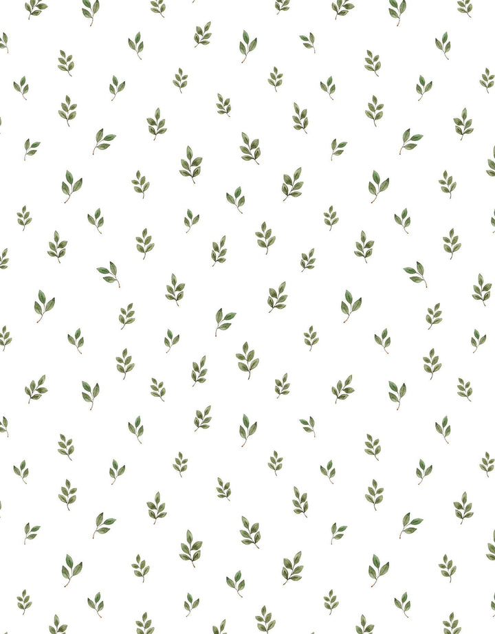 A repeating pattern of small green leafy sprigs scattered across a plain white background.