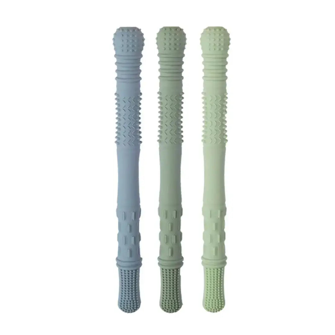 Three textured sticks in blue, green, and gray on a white background