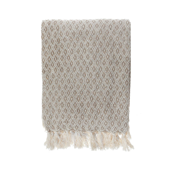 Beige Diamond Geometric Cotton Throw With Fringe Blanket