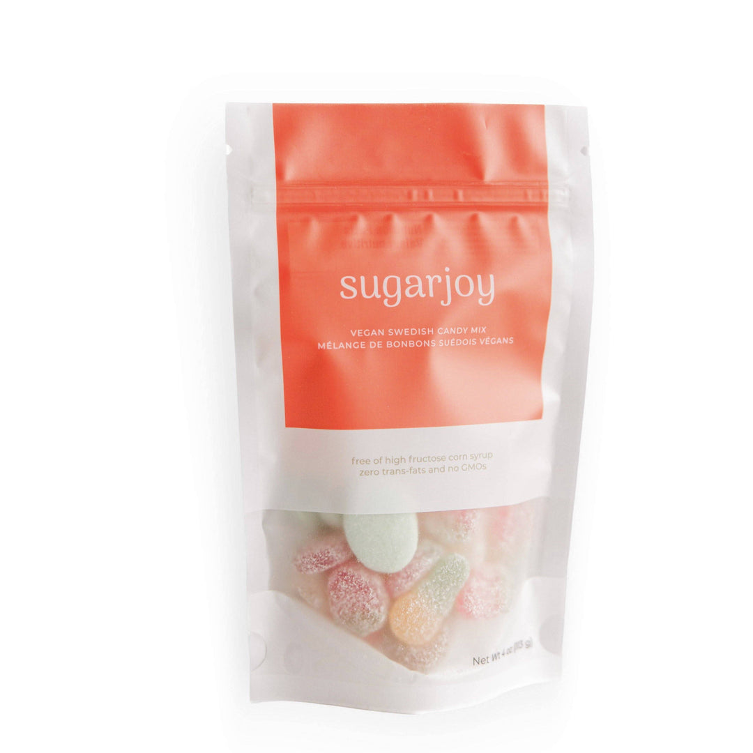 Package of sugarjoy vegan Swedish candy mix on a white background