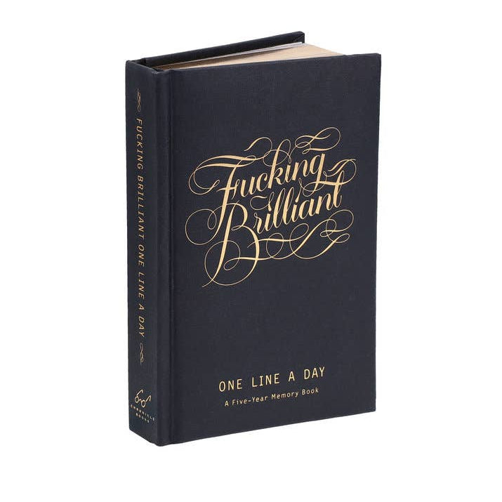 Black book titled 'Fucking Brilliant' with gold text on a white background