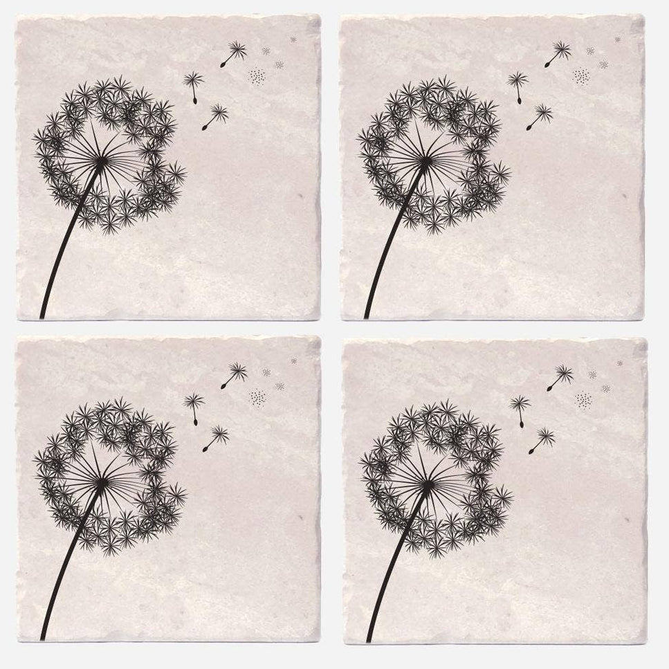 Set of four dandelion-themed coasters from Versatile Coasters Canada, 4x4 inches, with detailed floral design on smooth surface.
