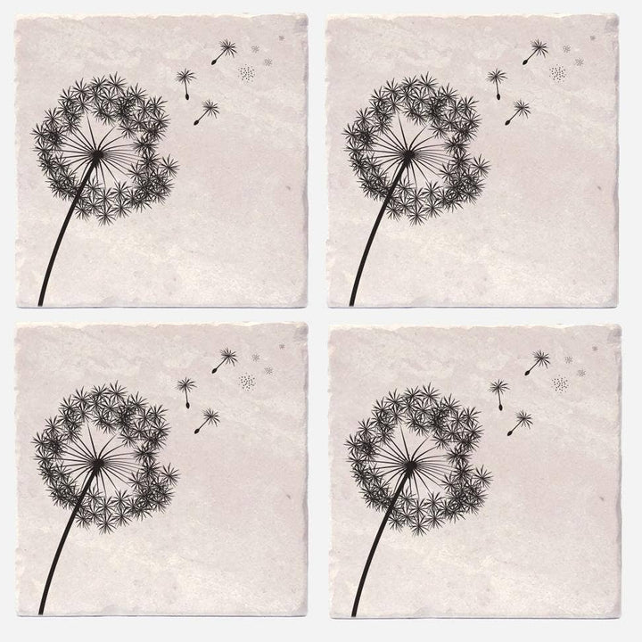 Set of four dandelion-themed coasters from Versatile Coasters Canada, 4x4 inches, with detailed floral design on smooth surface.