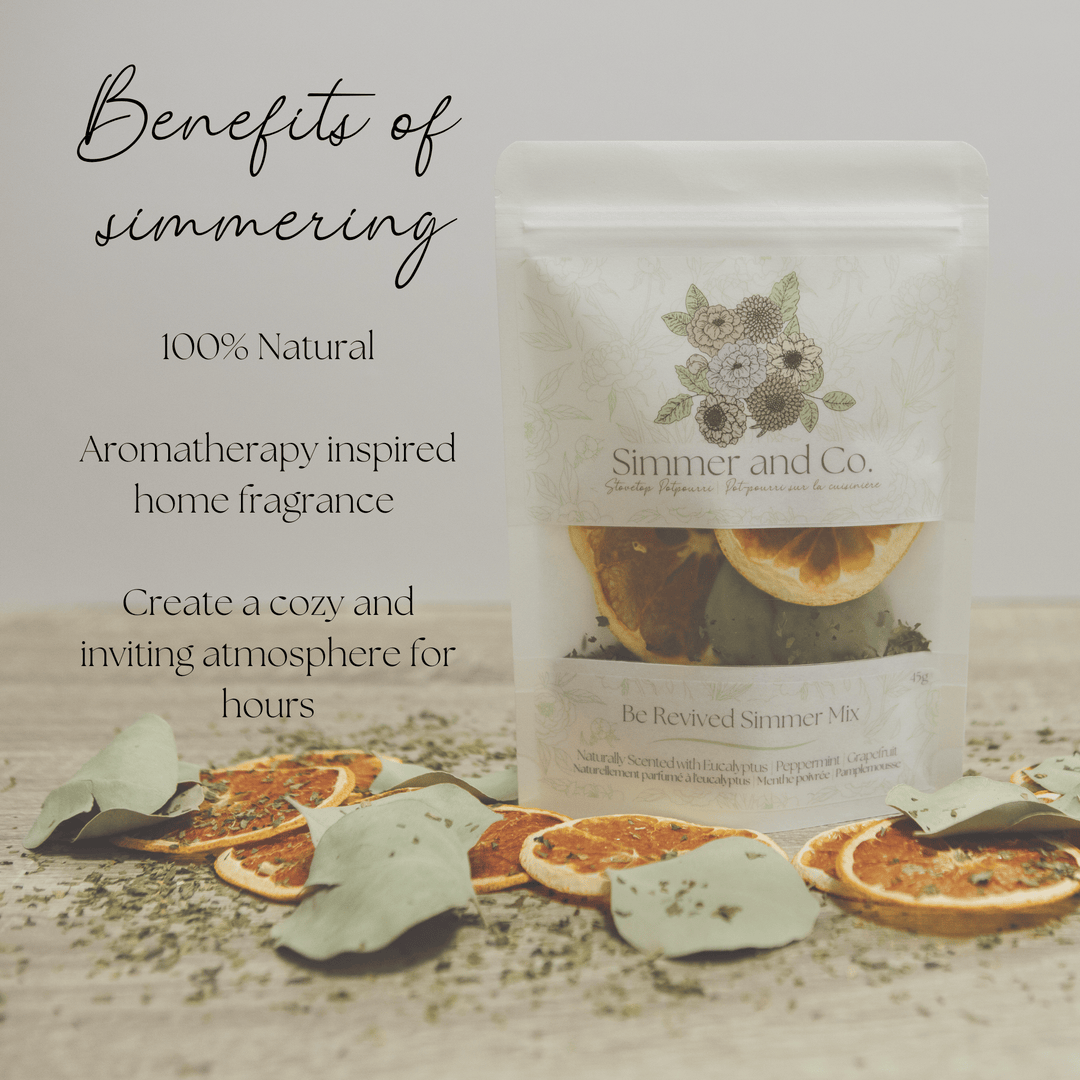 Simmer &amp; Co Be Revived simmer pot mix in a glass jar, with dried herbs and spices for natural home aroma.