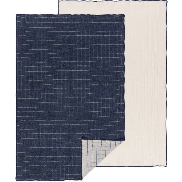 Blue checkered blanket with white border on a white background