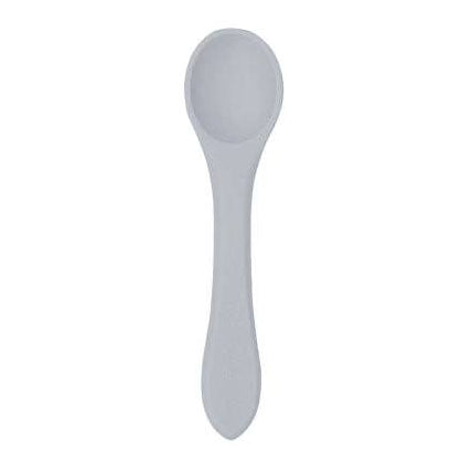 A light gray silicone baby spoon with a textured handle, shown vertically against a plain white background.