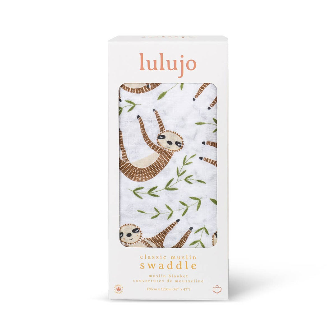 Lulujo swaddle blanket packaging with sloth design on a white background
