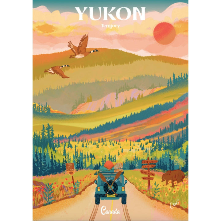 Villager Puzzles Yukon Road Trip 1000-piece puzzle featuring scenic Canadian landscape and vibrant illustrations.