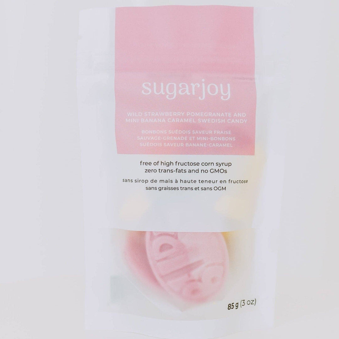 Pink packaging of sugarjoy on a white background
