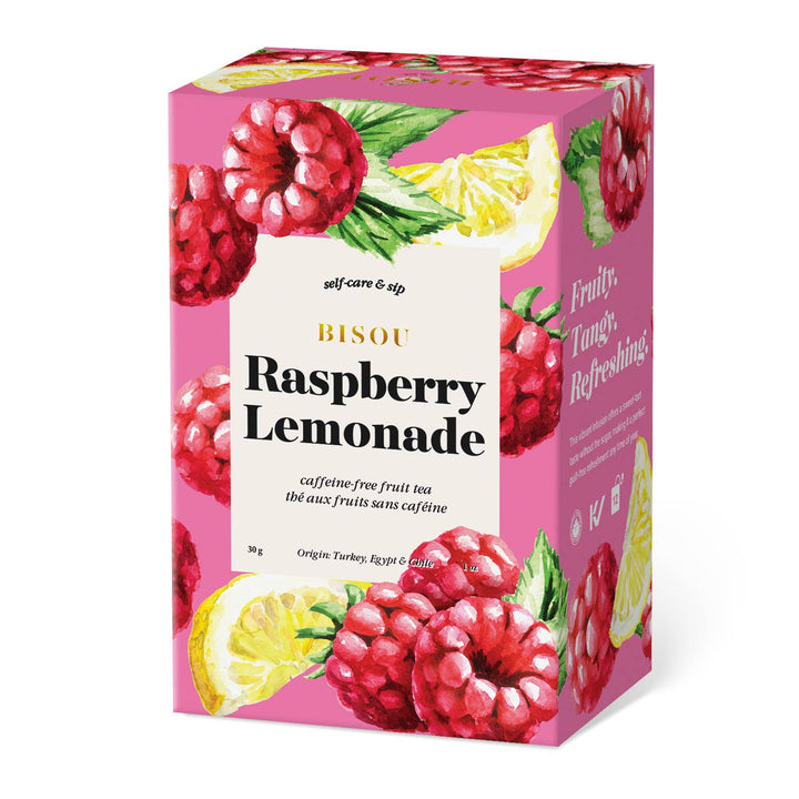 Bisou Raspberry Lemonade tea box with raspberry and lemon graphics on a pink background