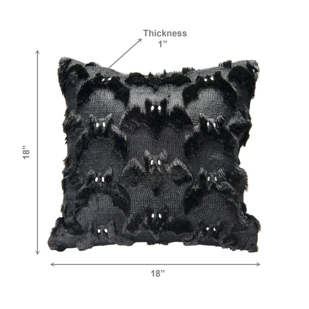 Black textured throw pillow with a raised bat pattern and small white bead accents, shown with dimension arrows indicating 18 by 18 inches and 1-inch thickness on a white background.