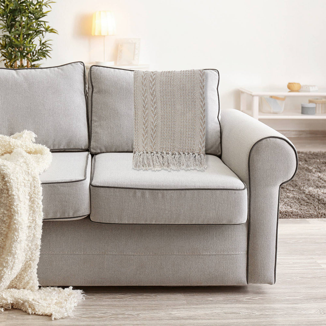 Beige Braided Cotton Throw With Fringe Blanket