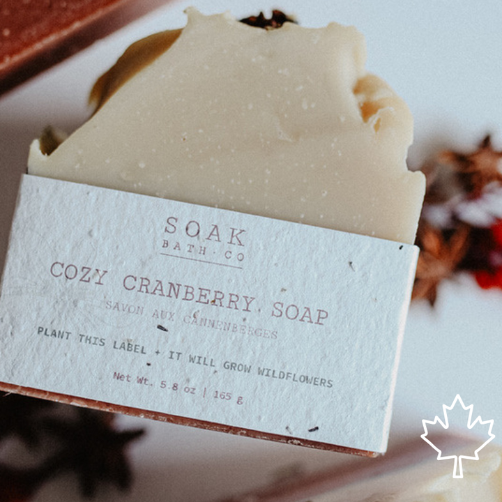 A bar of Soap Bath Co. Cozy Cranberry Soap wrapped in a white paper band label, displayed on a light surface with dried cranberry sprigs and other soap bars around it.