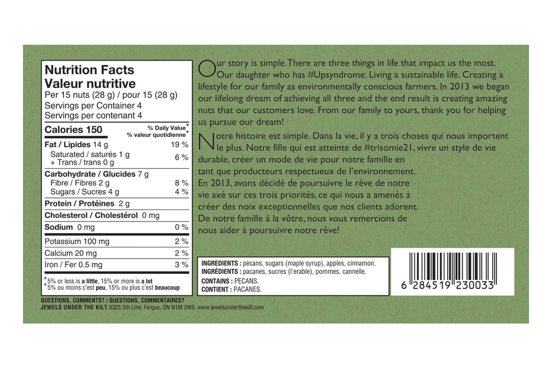 Back of a packaged food product showing a green Nutrition Facts panel with serving size 28 g, calories, nutrients, ingredients list in French, a large marketing paragraph, and a barcode.