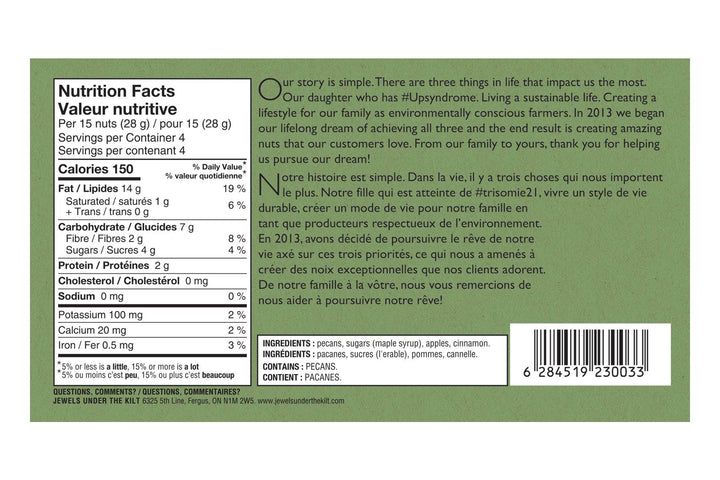 Back of a packaged food product showing a green Nutrition Facts panel with serving size 28 g, calories, nutrients, ingredients list in French, a large marketing paragraph, and a barcode.