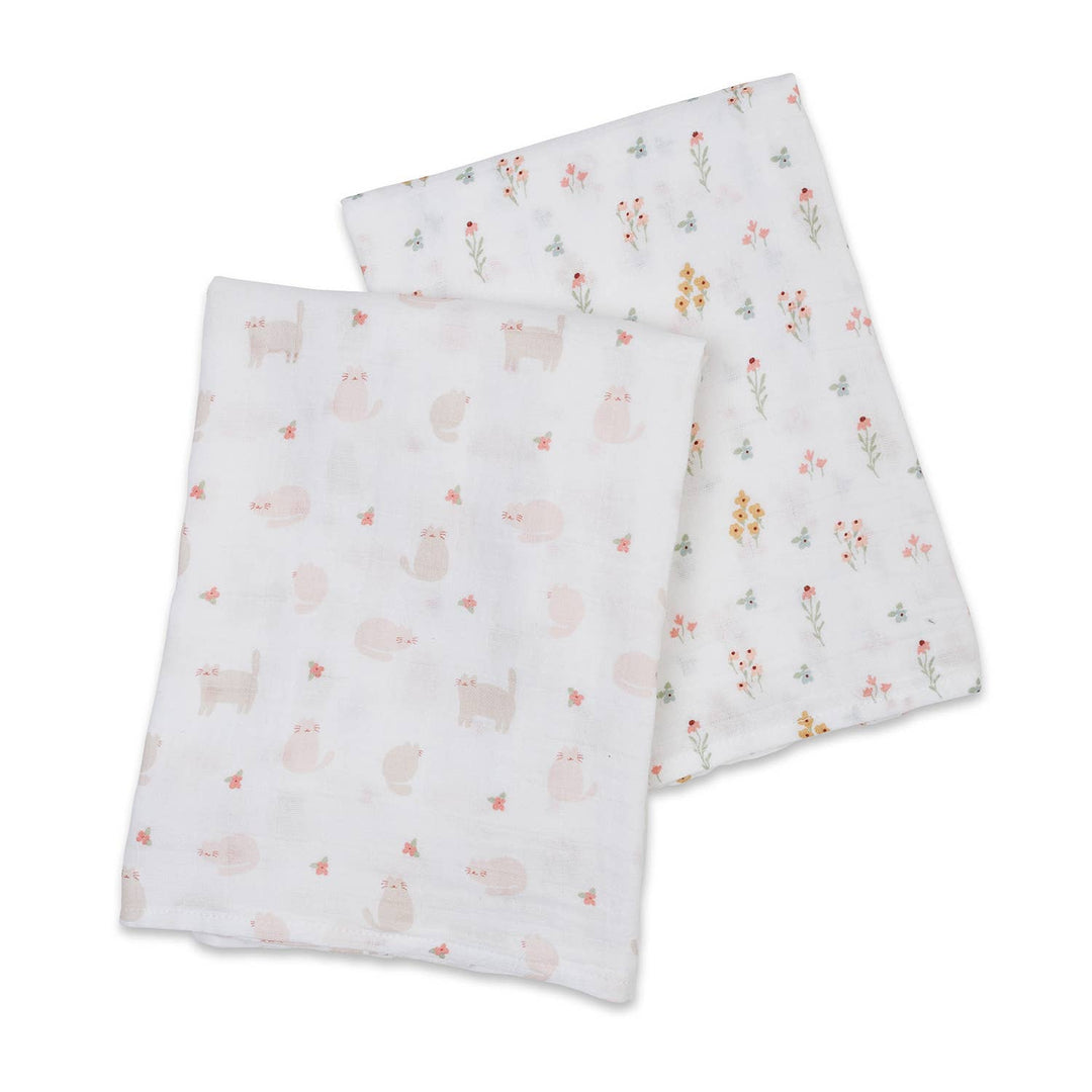 2-Pack Cotton Swaddle Blankets – Kitty Cat/ Flower Field - Gift Smack Gift Company