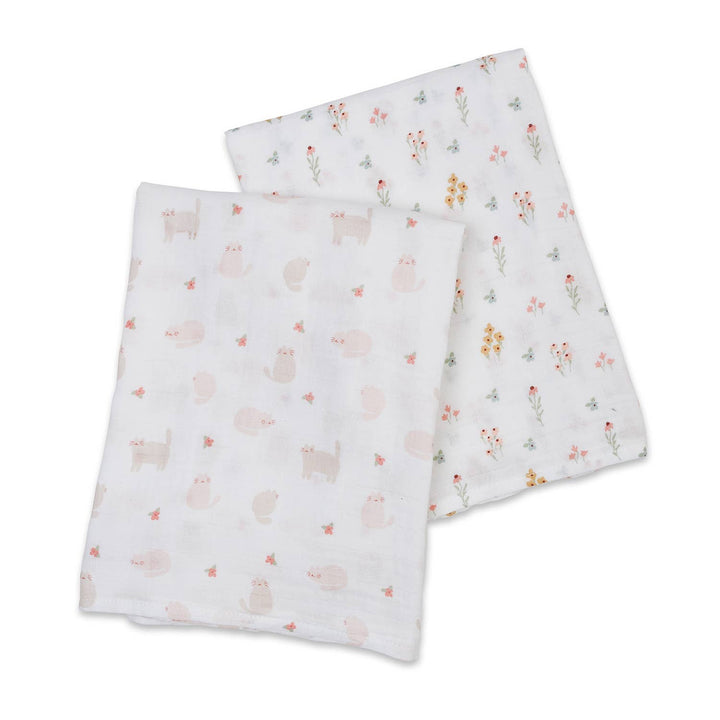 2-Pack Cotton Swaddle Blankets – Kitty Cat/ Flower Field - Gift Smack Gift Company