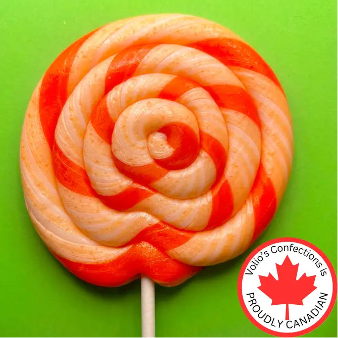 Red and orange striped lollipop on a green background with a Vollo's Confections logo.