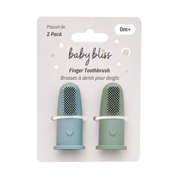 A 2-pack of Baby Bliss finger toothbrushes in a light blue and sage green colorway, packaged on a white cardboard backing with French text.