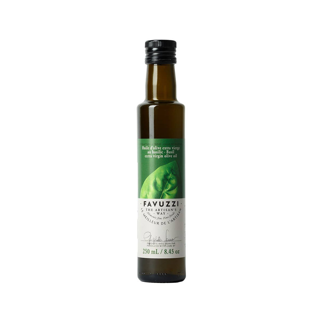 Bottle of Favuzzi olive oil on a white background