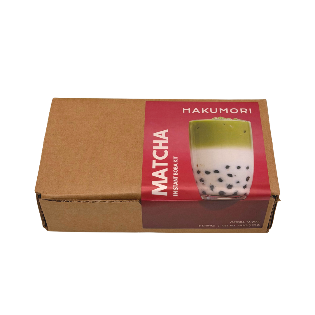 Hakumori matcha instant boba kit packaging on a white background