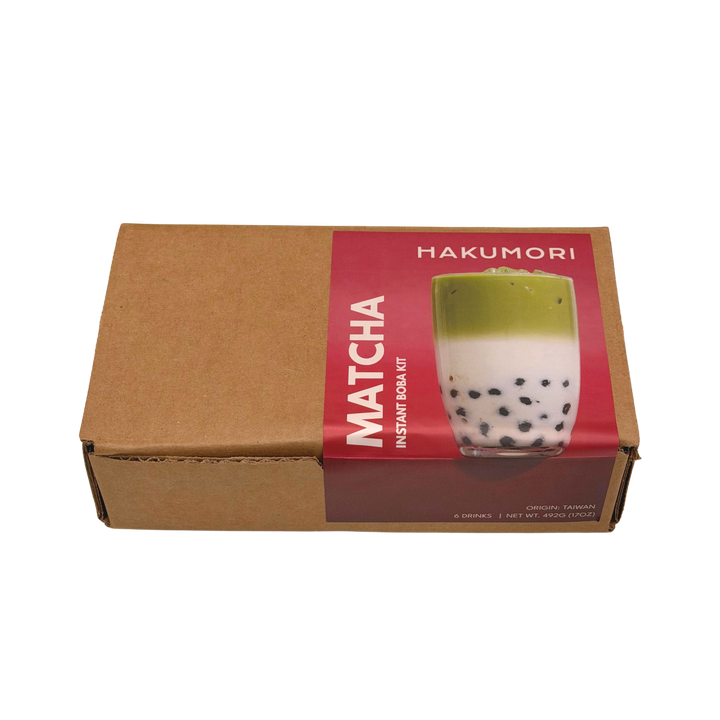 Hakumori matcha instant boba kit packaging on a white background