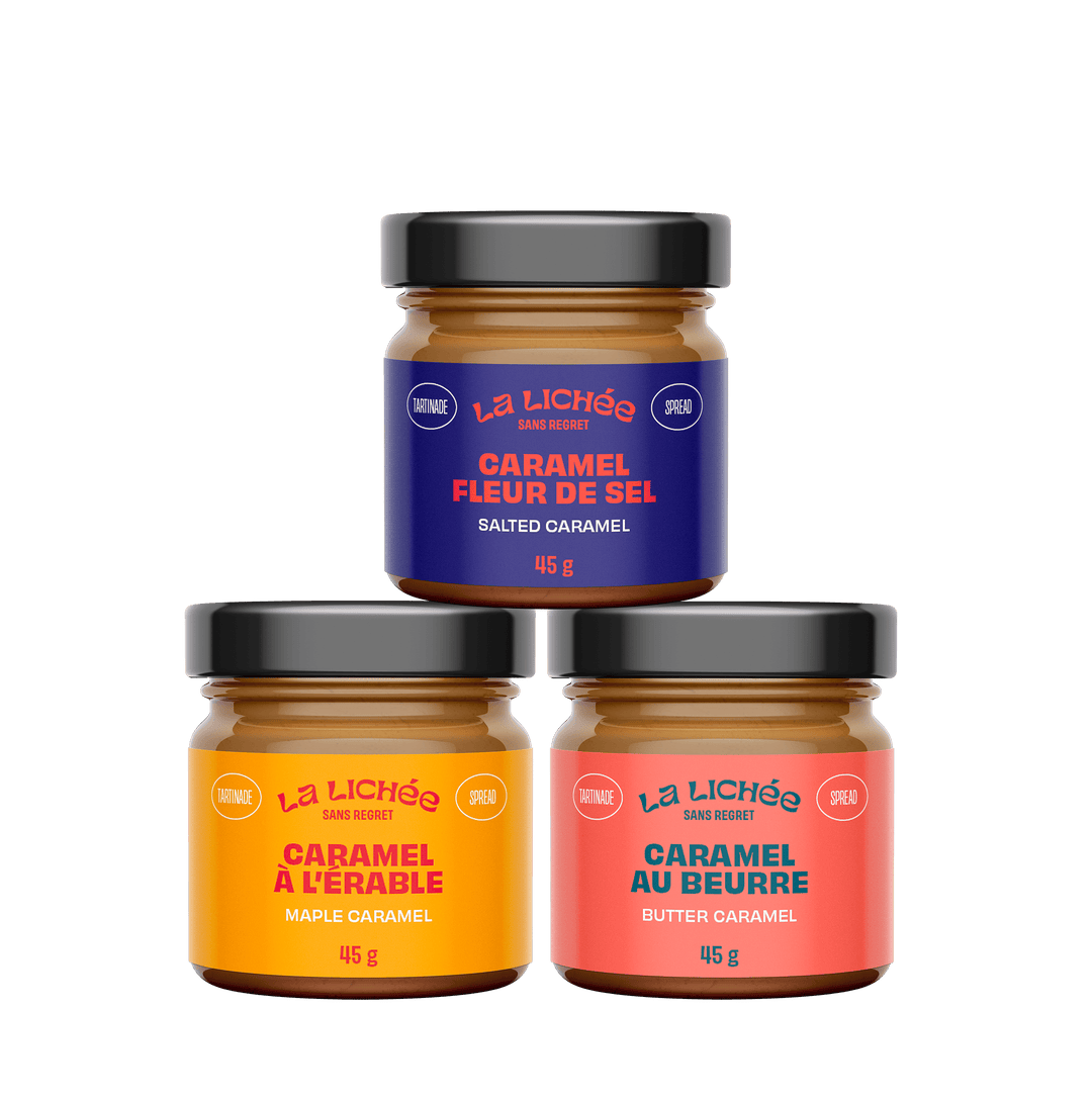 Three jars of 'La Lichée' caramel spreads on a white background