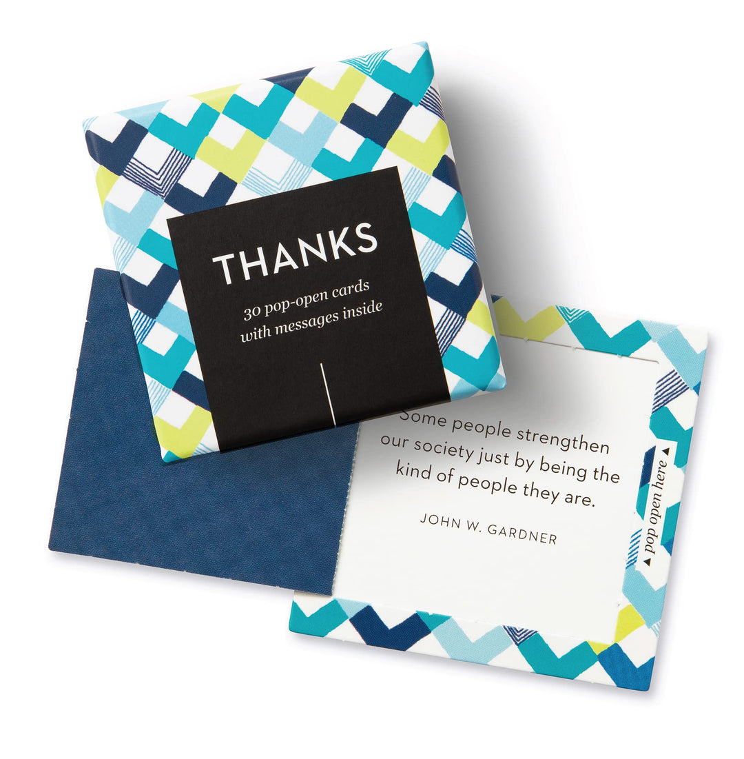 A set of 'Thank You' pop-open cards with geometric patterns in blue, green, and white colors, featuring a quote by John W. Gardner on the inside.