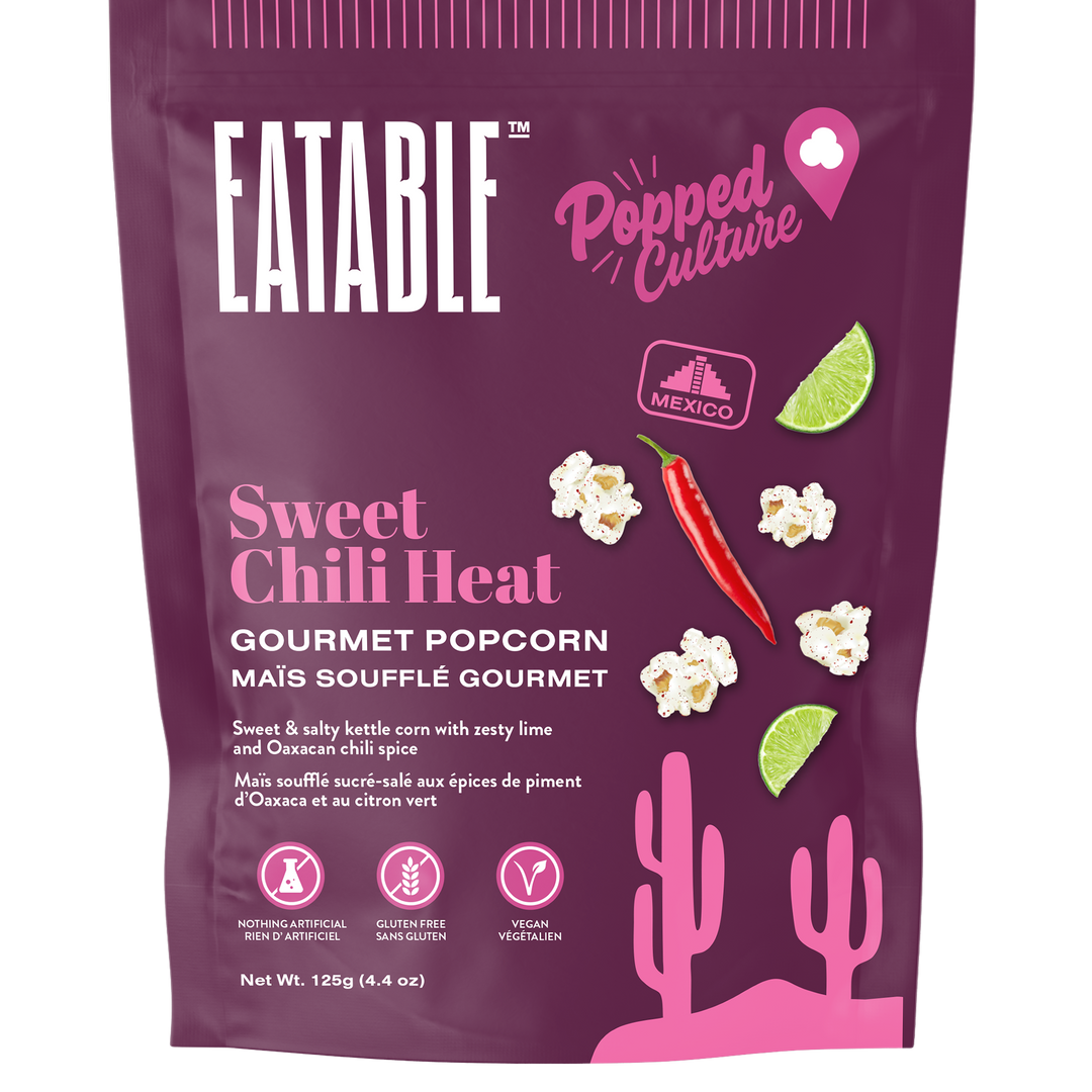 Eatable Sweet Chili Heat gourmet popcorn packaging on a white background